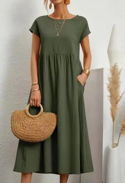 Customizable Fashion Solid Dress Women Cotton Linen O-Neck A-line Dress
