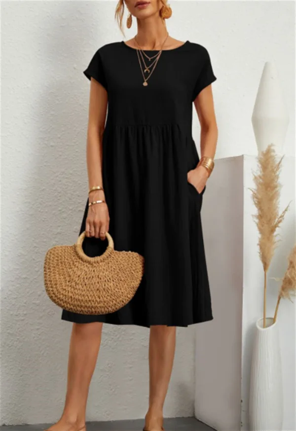 Customizable Fashion Solid Dress Women Cotton Linen O-Neck A-line Dress