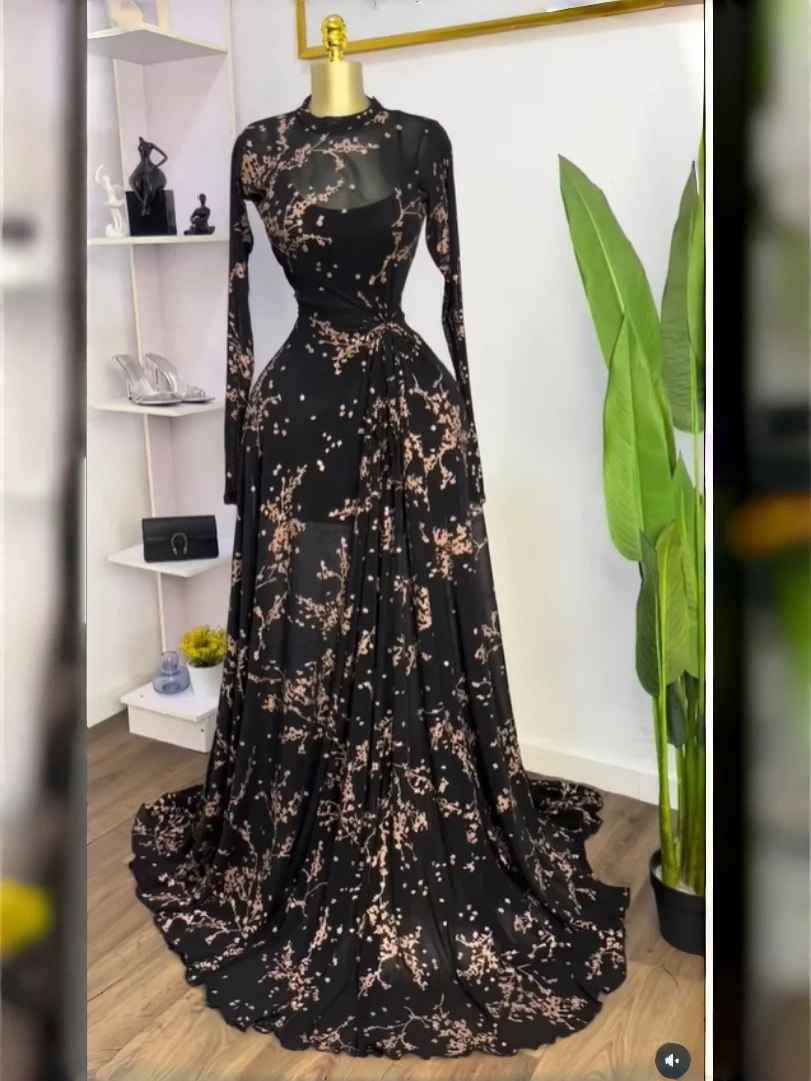 GLCMYAYA Women Long Sleeve Floral O-neck High Split Big Swing A-line Maxi Dress 2026 Birthday Vacation Trendy Dresses Vestidos