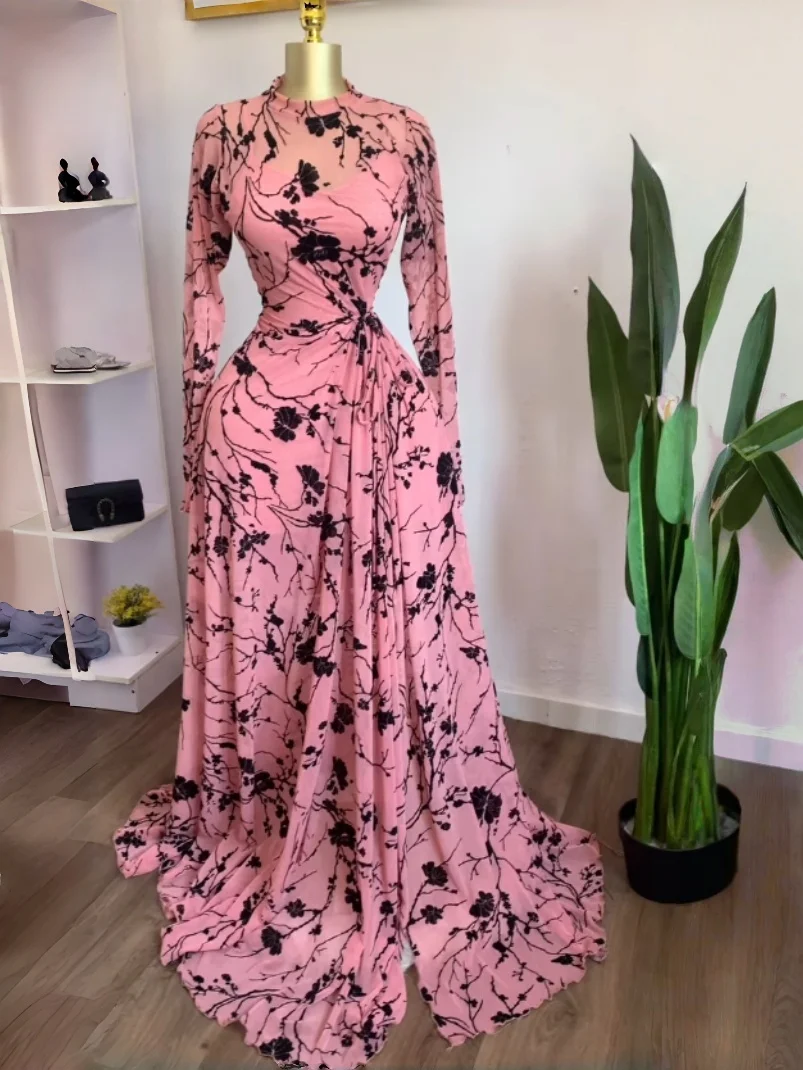 GLCMYAYA Women Long Sleeve Floral O-neck High Split Big Swing A-line Maxi Dress 2026 Birthday Vacation Trendy Dresses Vestidos