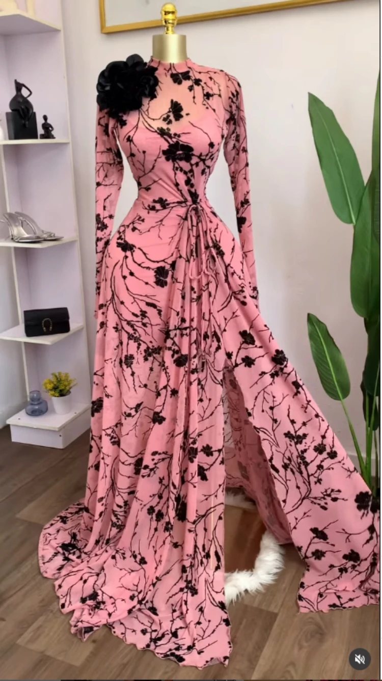 GLCMYAYA Women Long Sleeve Floral O-neck High Split Big Swing A-line Maxi Dress 2026 Birthday Vacation Trendy Dresses Vestidos
