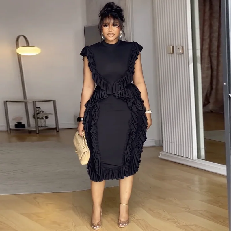 Women Plus Size Skinny Dress Round Neck Tassel Ruffle Hem Sleeveless Bodycon Casual Elegant Streetwear Slim Summer Dresses