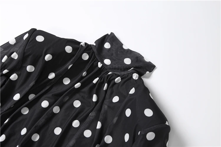 Nibber See Through Mini Dress Woman Turtleneck Mesh Full Sleeve Polka Dot Print Skinny Peach Hip Street Ruched Elegant Bodycon