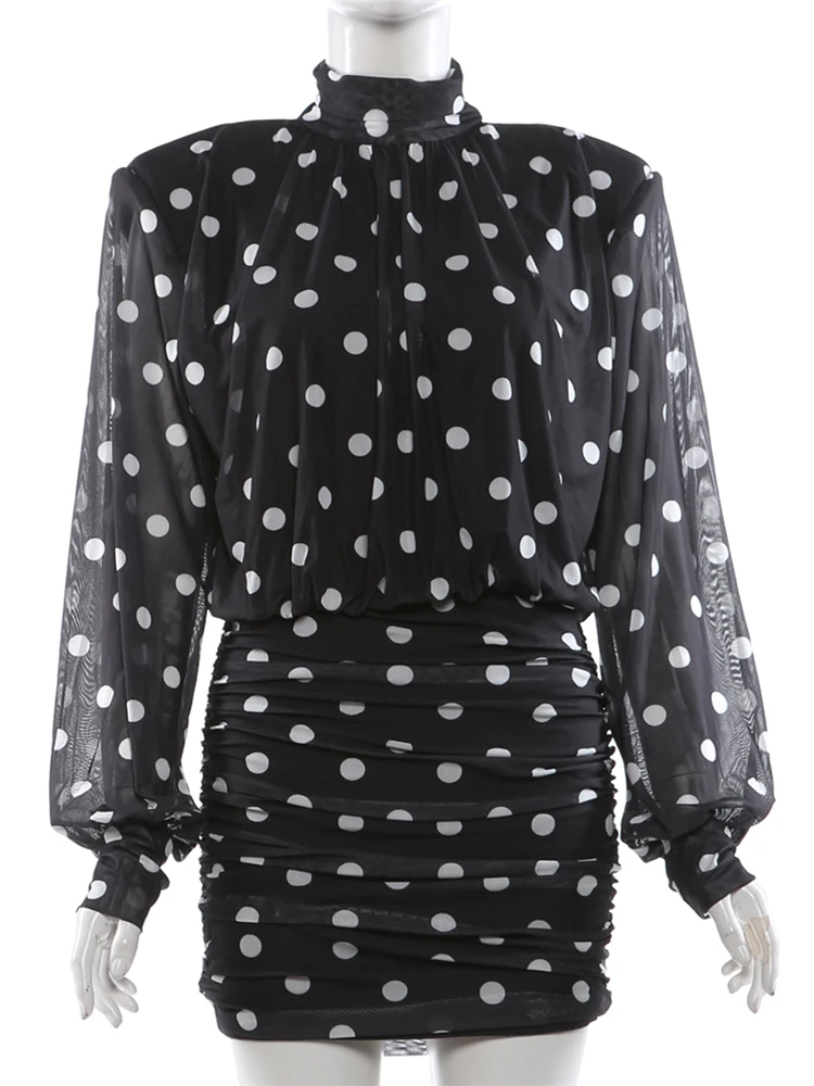 Nibber See Through Mini Dress Woman Turtleneck Mesh Full Sleeve Polka Dot Print Skinny Peach Hip Street Ruched Elegant Bodycon