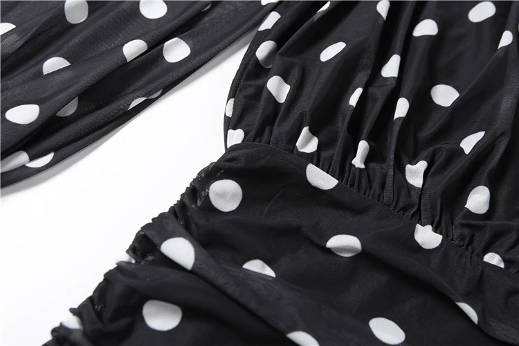Nibber See Through Mini Dress Woman Turtleneck Mesh Full Sleeve Polka Dot Print Skinny Peach Hip Street Ruched Elegant Bodycon