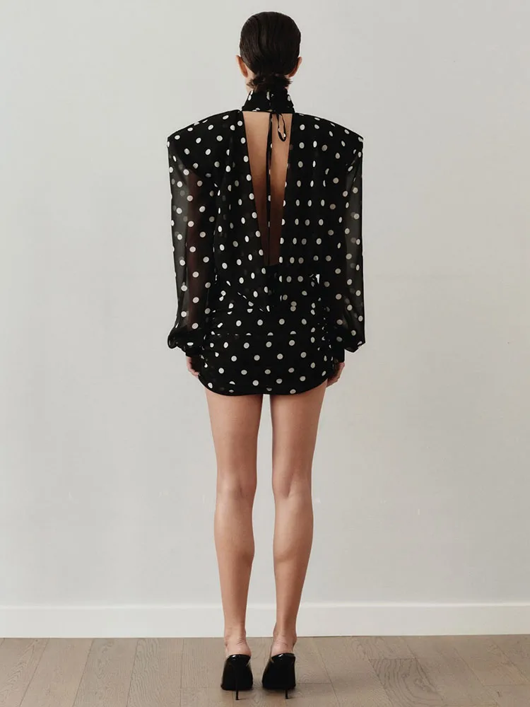 Nibber See Through Mini Dress Woman Turtleneck Mesh Full Sleeve Polka Dot Print Skinny Peach Hip Street Ruched Elegant Bodycon