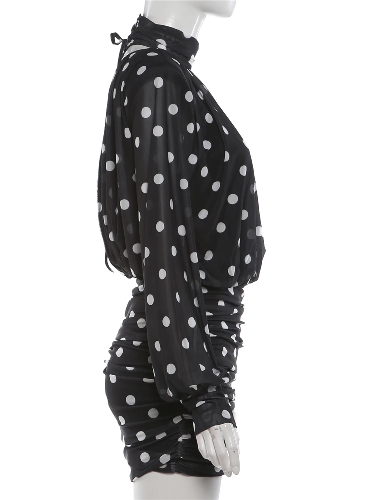 Nibber See Through Mini Dress Woman Turtleneck Mesh Full Sleeve Polka Dot Print Skinny Peach Hip Street Ruched Elegant Bodycon