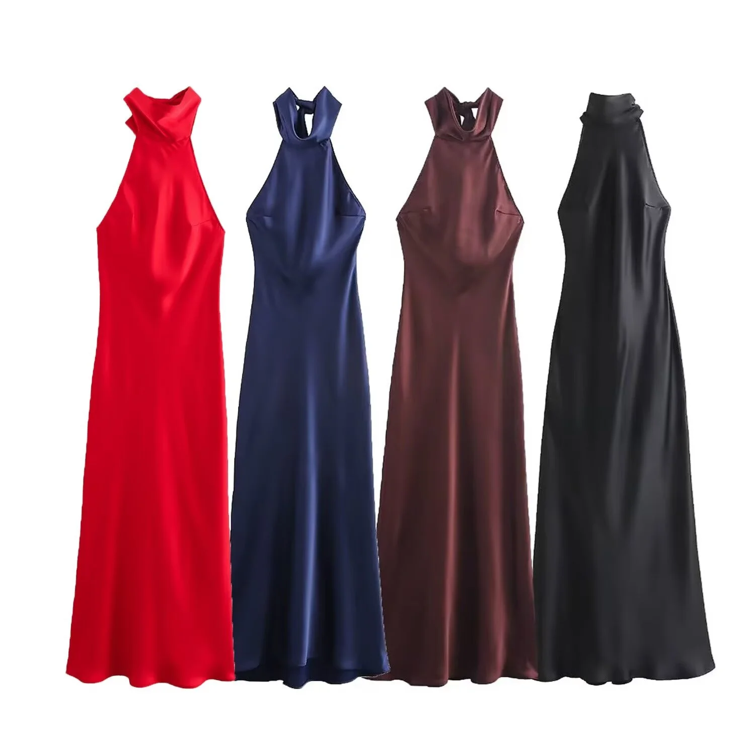 BSAY Dress for Women Fashion 2024 Autumn New Bow Sexy Backless French Elegant Halter Neck Satin Texture Midi Dresses