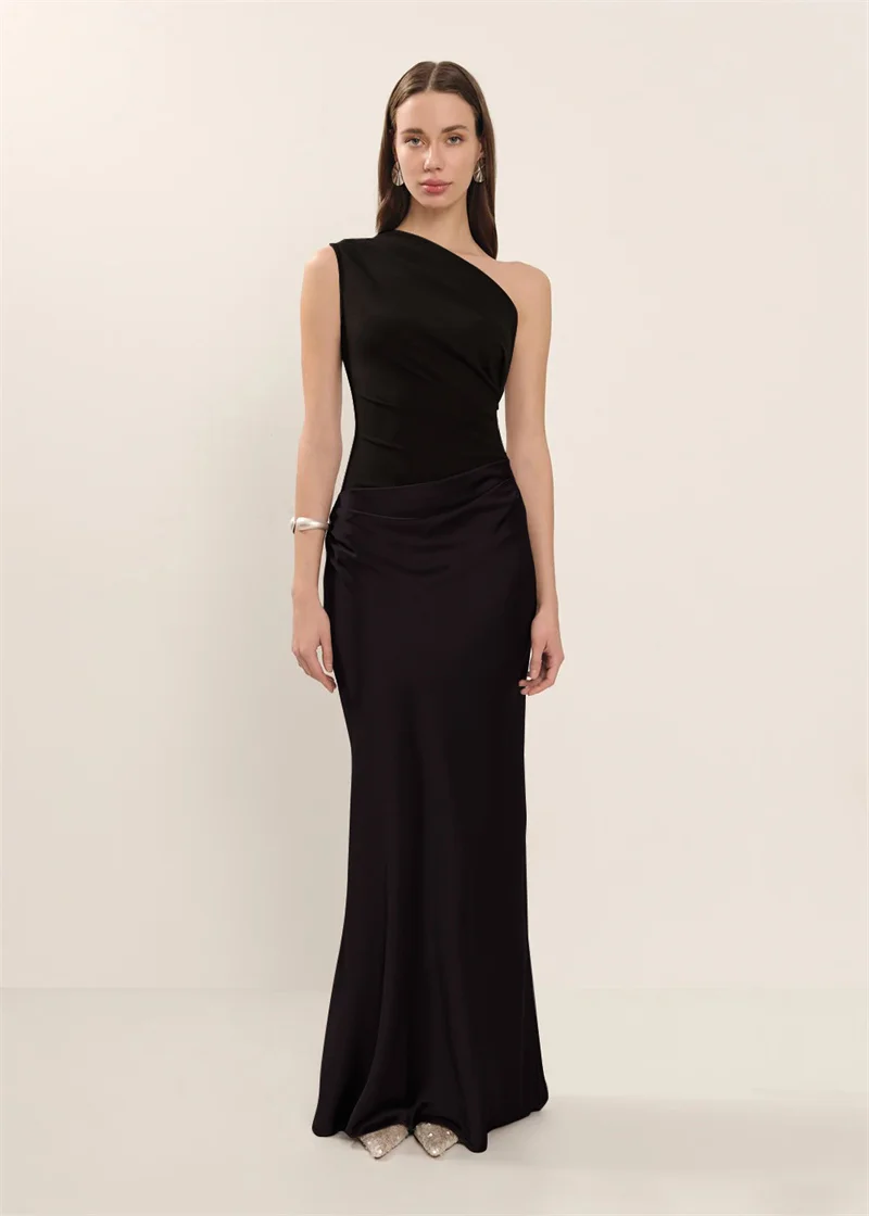 Mozision Satin Inclined Shoulder Sexy Maxi Dress Women Fashion Patchwork Sleeveless Backless Bodycon Evening Club Party Dress