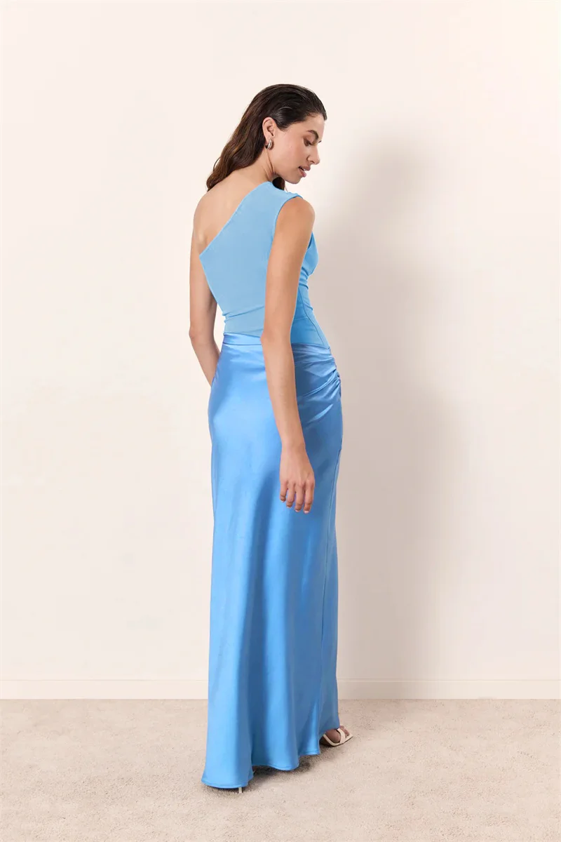 Mozision Satin Inclined Shoulder Sexy Maxi Dress Women Fashion Patchwork Sleeveless Backless Bodycon Evening Club Party Dress