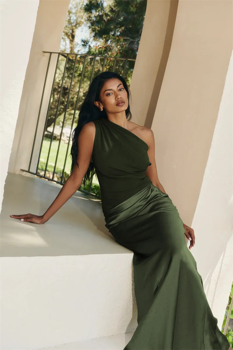 Mozision Satin Inclined Shoulder Sexy Maxi Dress Women Fashion Patchwork Sleeveless Backless Bodycon Evening Club Party Dress