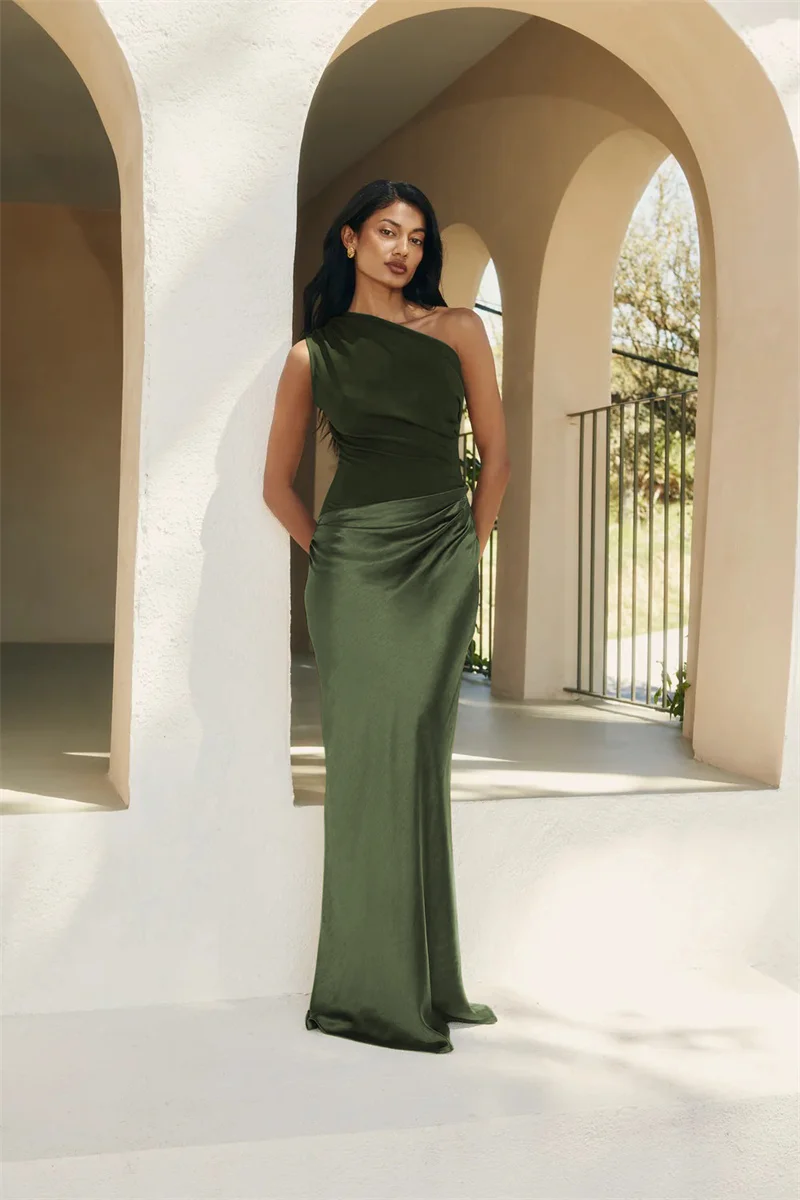 Mozision Satin Inclined Shoulder Sexy Maxi Dress Women Fashion Patchwork Sleeveless Backless Bodycon Evening Club Party Dress