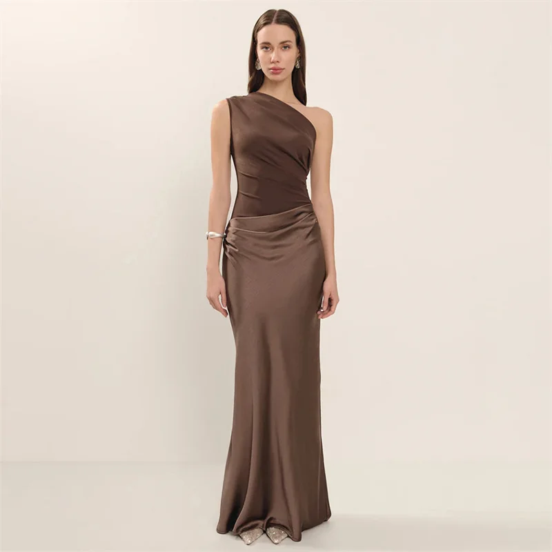 Mozision Satin Inclined Shoulder Sexy Maxi Dress Women Fashion Patchwork Sleeveless Backless Bodycon Evening Club Party Dress