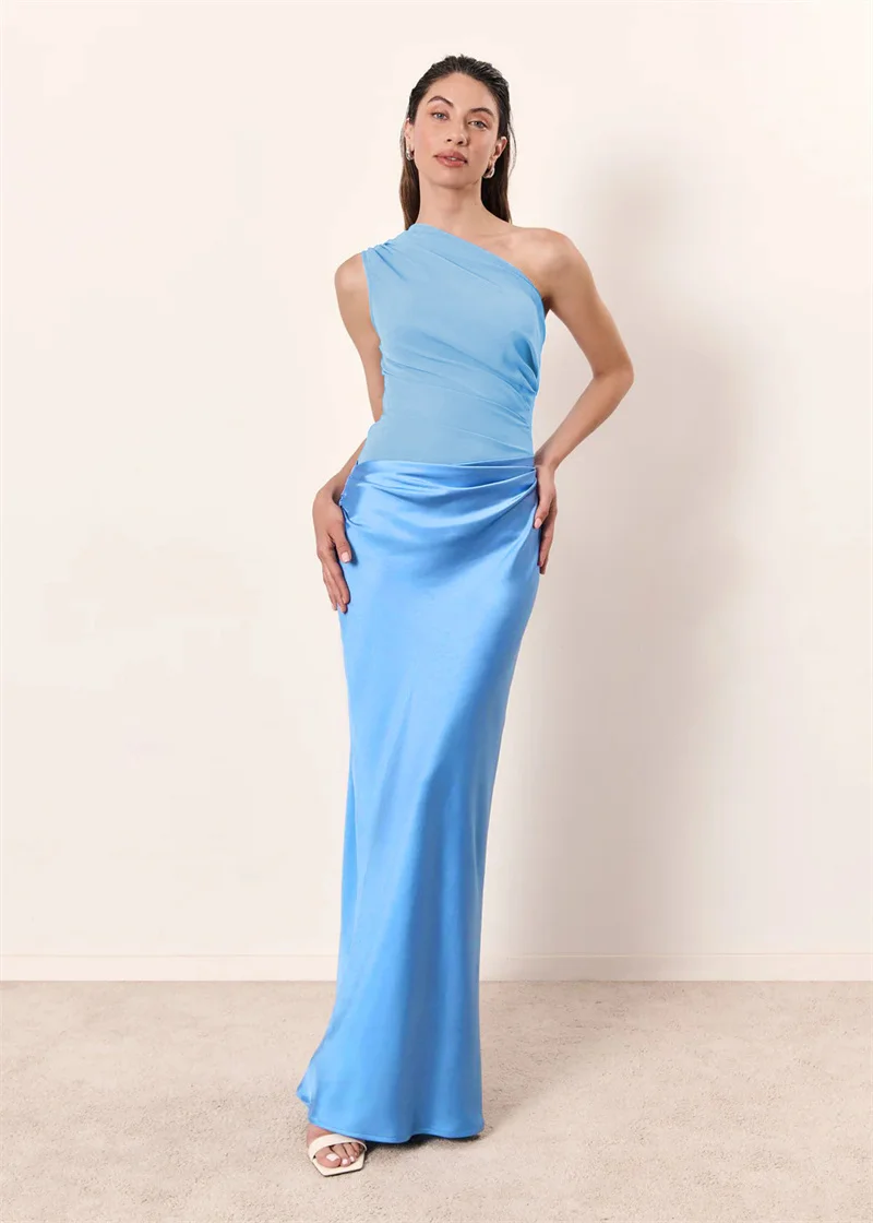 Mozision Satin Inclined Shoulder Sexy Maxi Dress Women Fashion Patchwork Sleeveless Backless Bodycon Evening Club Party Dress