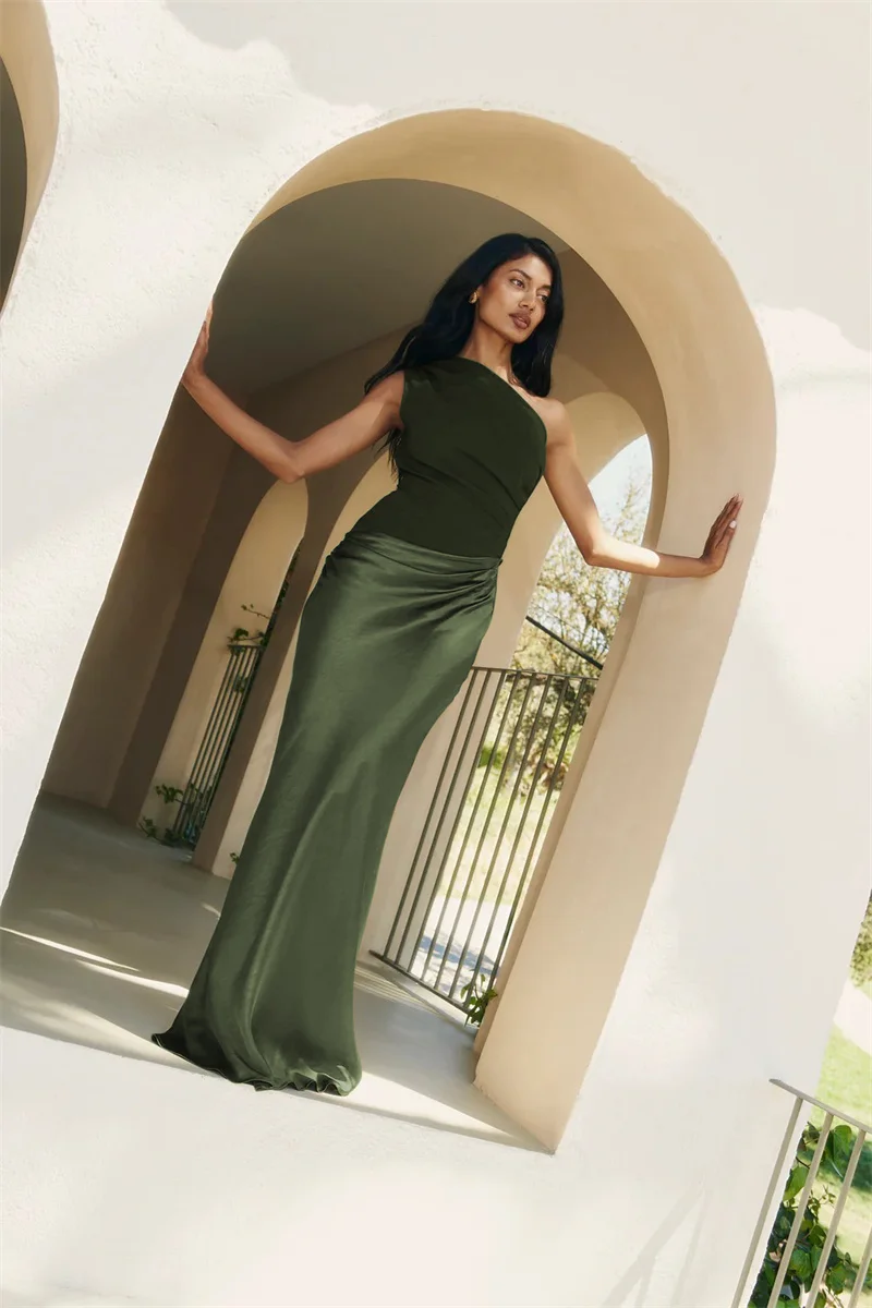 Mozision Satin Inclined Shoulder Sexy Maxi Dress Women Fashion Patchwork Sleeveless Backless Bodycon Evening Club Party Dress
