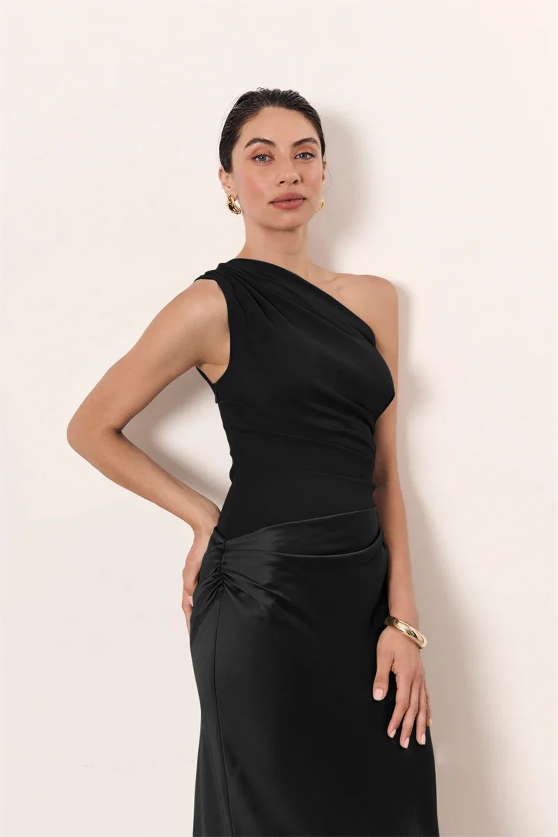 Mozision Satin Inclined Shoulder Sexy Maxi Dress Women Fashion Patchwork Sleeveless Backless Bodycon Evening Club Party Dress