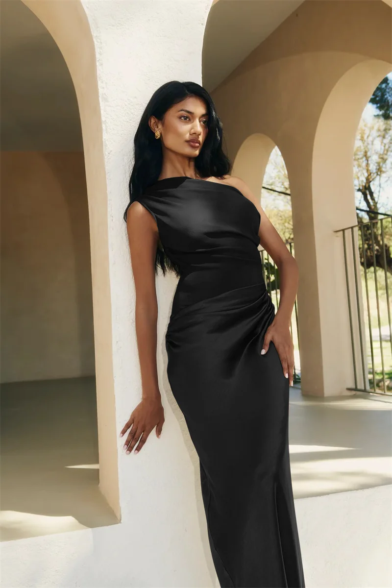 Mozision Satin Inclined Shoulder Sexy Maxi Dress Women Fashion Patchwork Sleeveless Backless Bodycon Evening Club Party Dress