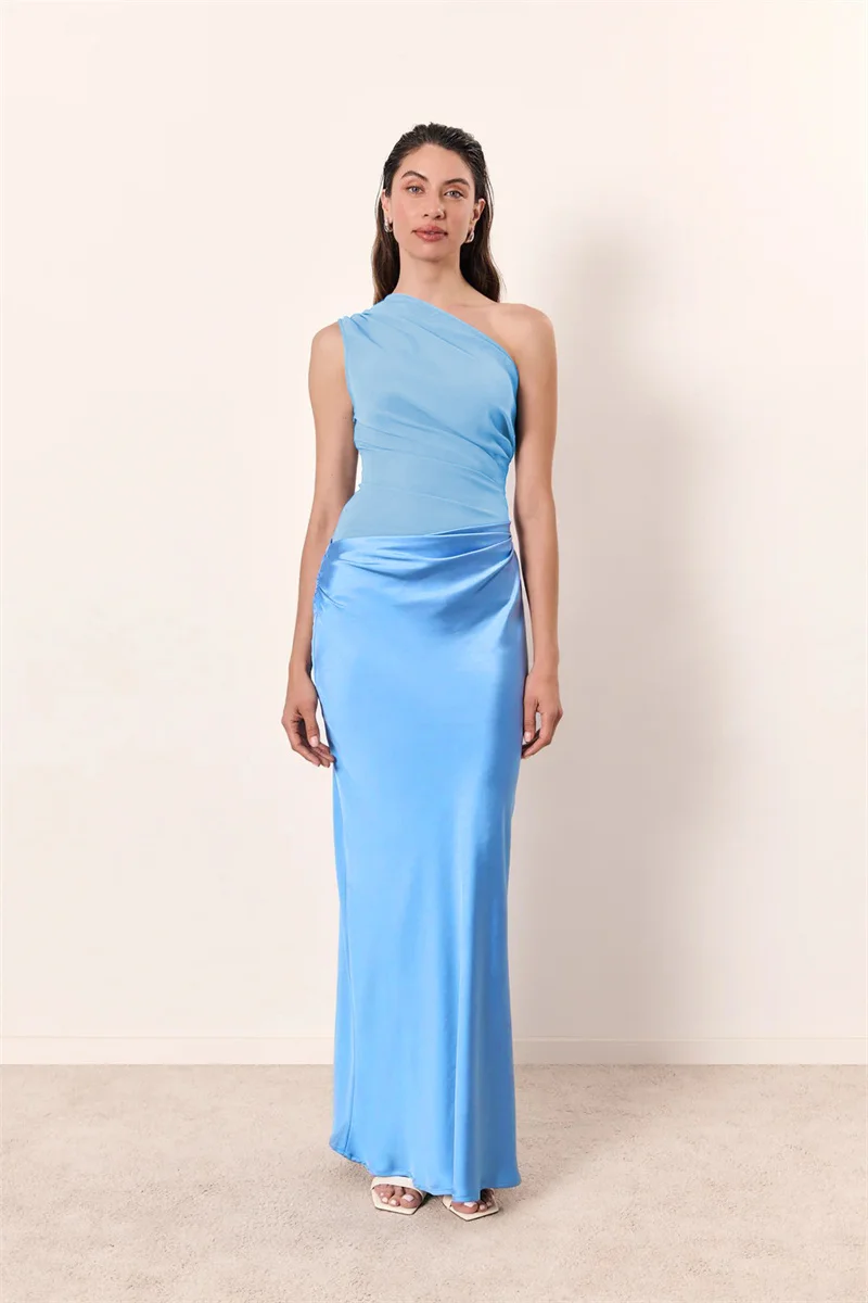Mozision Satin Inclined Shoulder Sexy Maxi Dress Women Fashion Patchwork Sleeveless Backless Bodycon Evening Club Party Dress