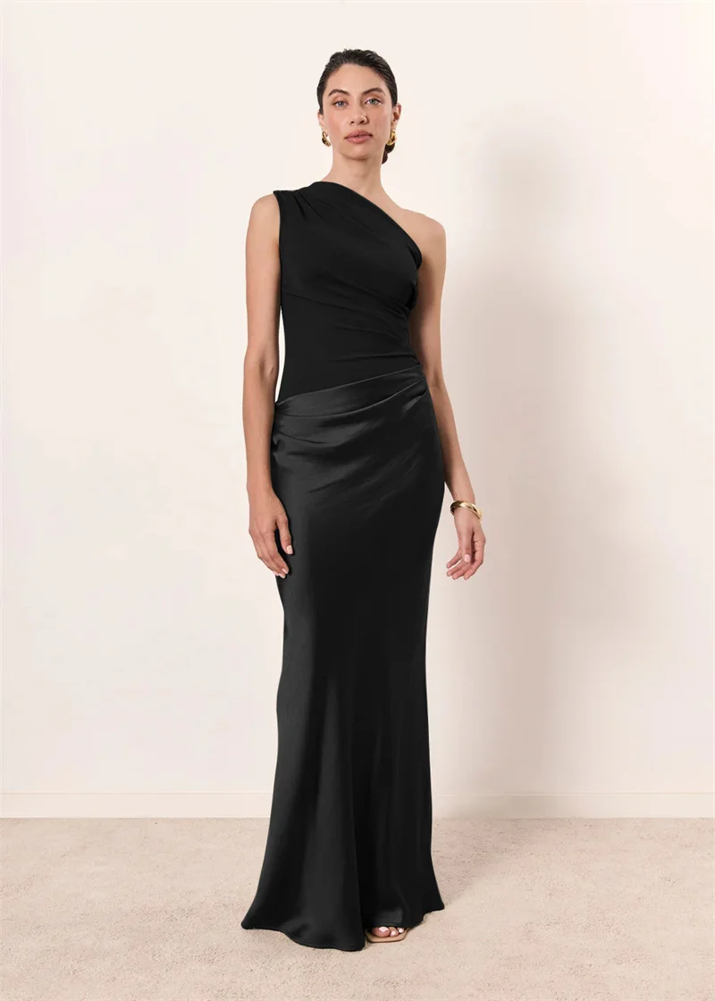Mozision Satin Inclined Shoulder Sexy Maxi Dress Women Fashion Patchwork Sleeveless Backless Bodycon Evening Club Party Dress