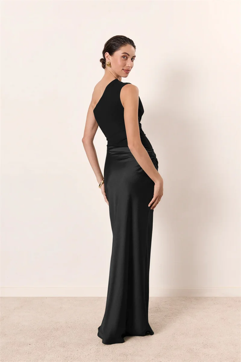 Mozision Satin Inclined Shoulder Sexy Maxi Dress Women Fashion Patchwork Sleeveless Backless Bodycon Evening Club Party Dress