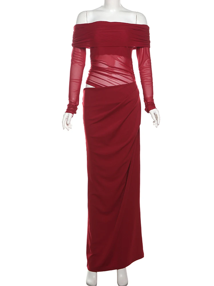Weird Puss Slash Neck Dress Women Chic Elegant Sexy 2025 Patchwork Mesh Ruched Hollow Birthday Party Clubwear Vacation Vestidos