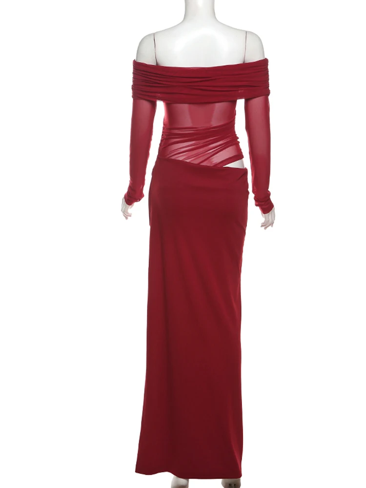 Weird Puss Slash Neck Dress Women Chic Elegant Sexy 2025 Patchwork Mesh Ruched Hollow Birthday Party Clubwear Vacation Vestidos