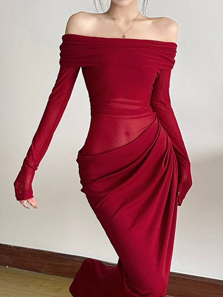Weird Puss Slash Neck Dress Women Chic Elegant Sexy 2025 Patchwork Mesh Ruched Hollow Birthday Party Clubwear Vacation Vestidos