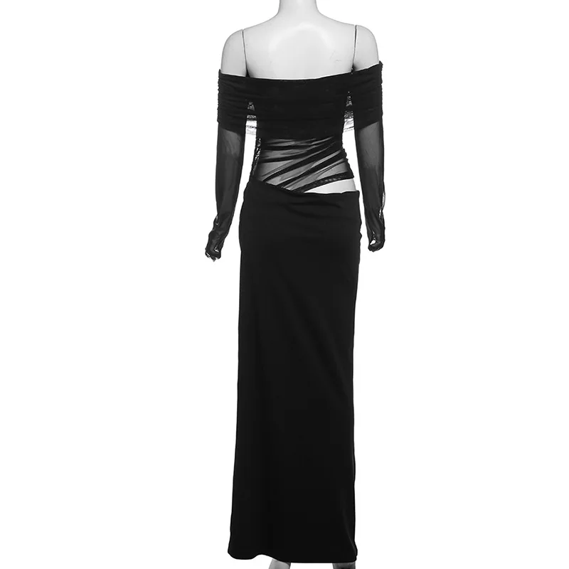Weird Puss Slash Neck Dress Women Chic Elegant Sexy 2025 Patchwork Mesh Ruched Hollow Birthday Party Clubwear Vacation Vestidos