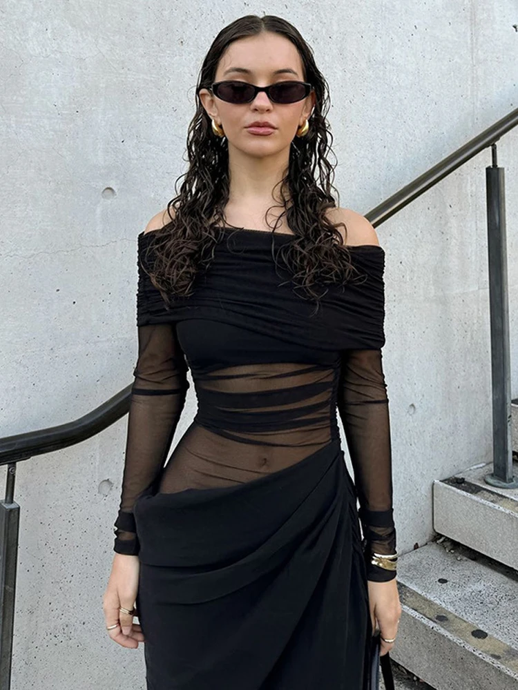 Weird Puss Slash Neck Dress Women Chic Elegant Sexy 2025 Patchwork Mesh Ruched Hollow Birthday Party Clubwear Vacation Vestidos