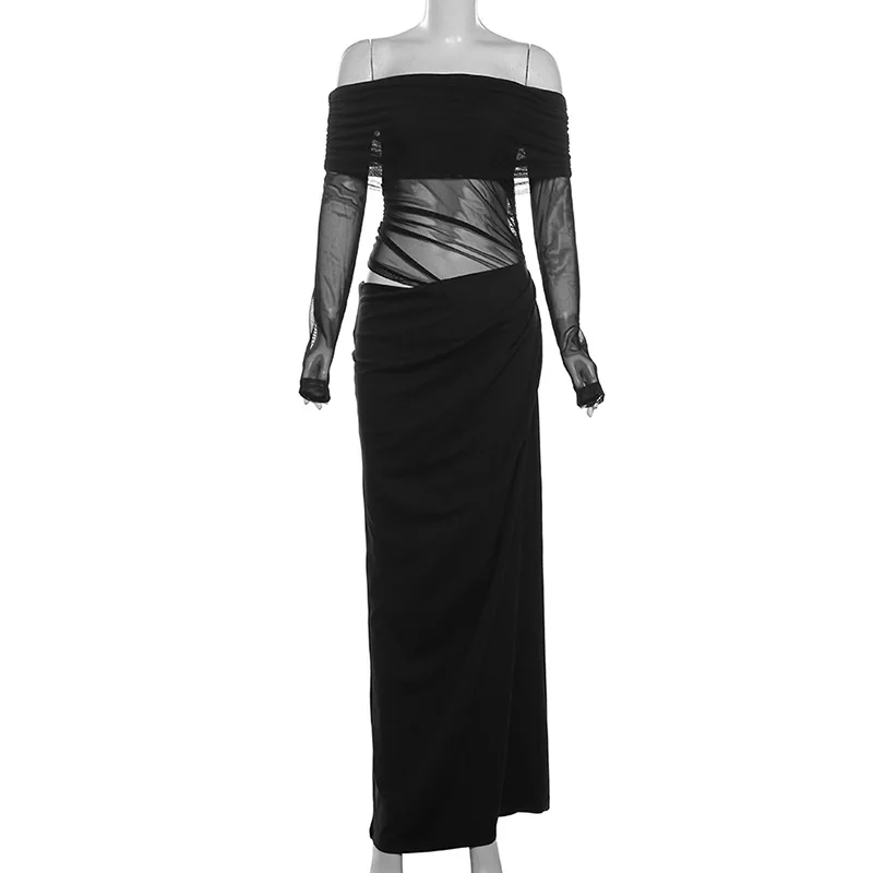 Weird Puss Slash Neck Dress Women Chic Elegant Sexy 2025 Patchwork Mesh Ruched Hollow Birthday Party Clubwear Vacation Vestidos