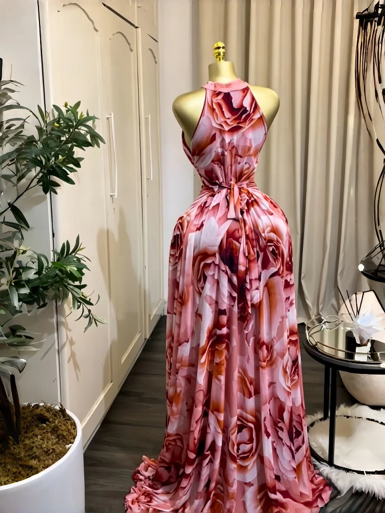 GLCMYAYA Women Printed Sleeveless with Sashes Fit and Flare A-line Maxi Dress 2026 Streetwear Beach Holiday Long Dresses Vestido