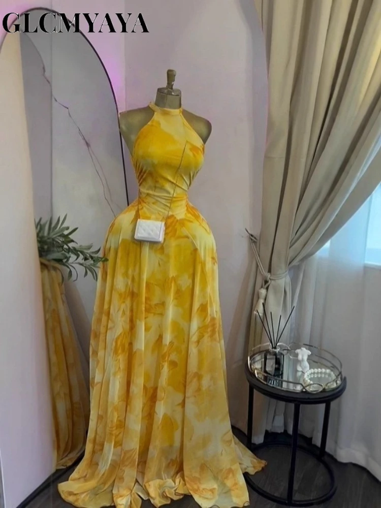GLCMYAYA Women Printed Sleeveless with Sashes Fit and Flare A-line Maxi Dress 2026 Streetwear Beach Holiday Long Dresses Vestido