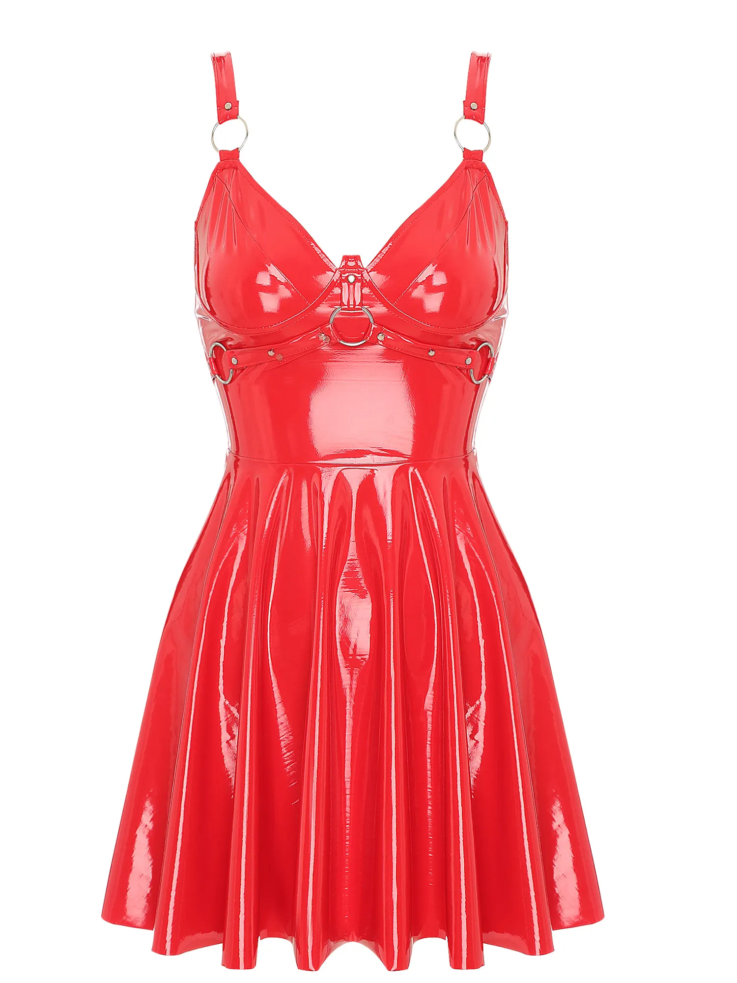 Womens Patent Leather Slip Latex Dress A-line Back Zipper Skater Mini Dress with O-Ring Rivets Wet Look Gothic Punk Clubwear