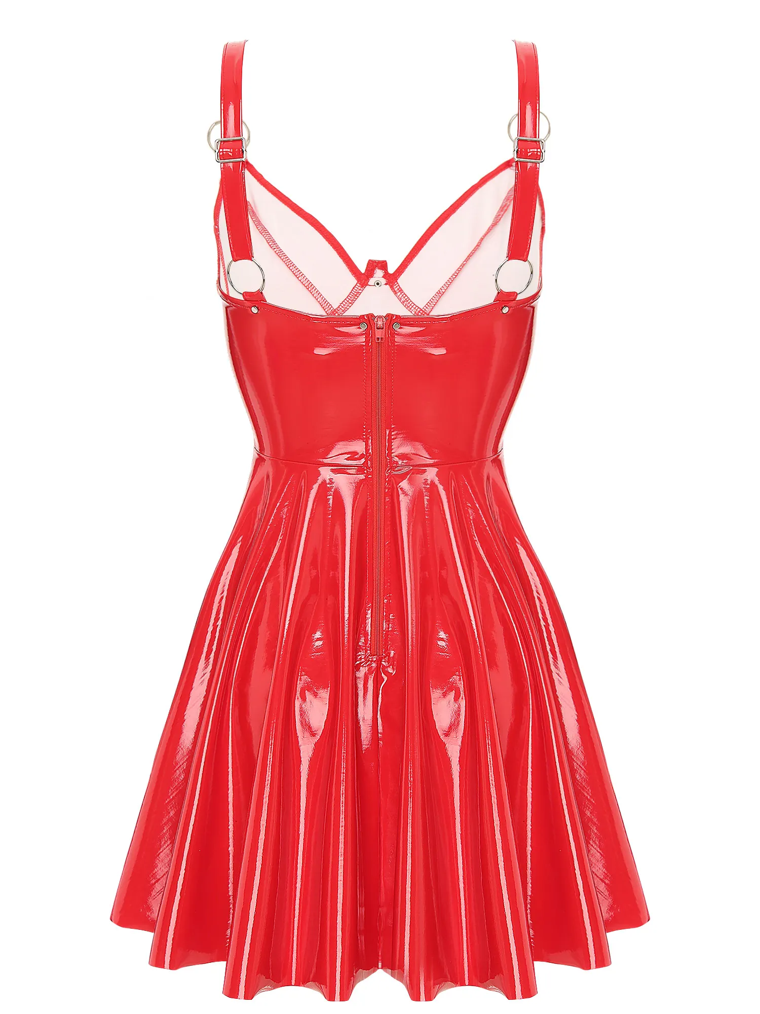Womens Patent Leather Slip Latex Dress A-line Back Zipper Skater Mini Dress with O-Ring Rivets Wet Look Gothic Punk Clubwear