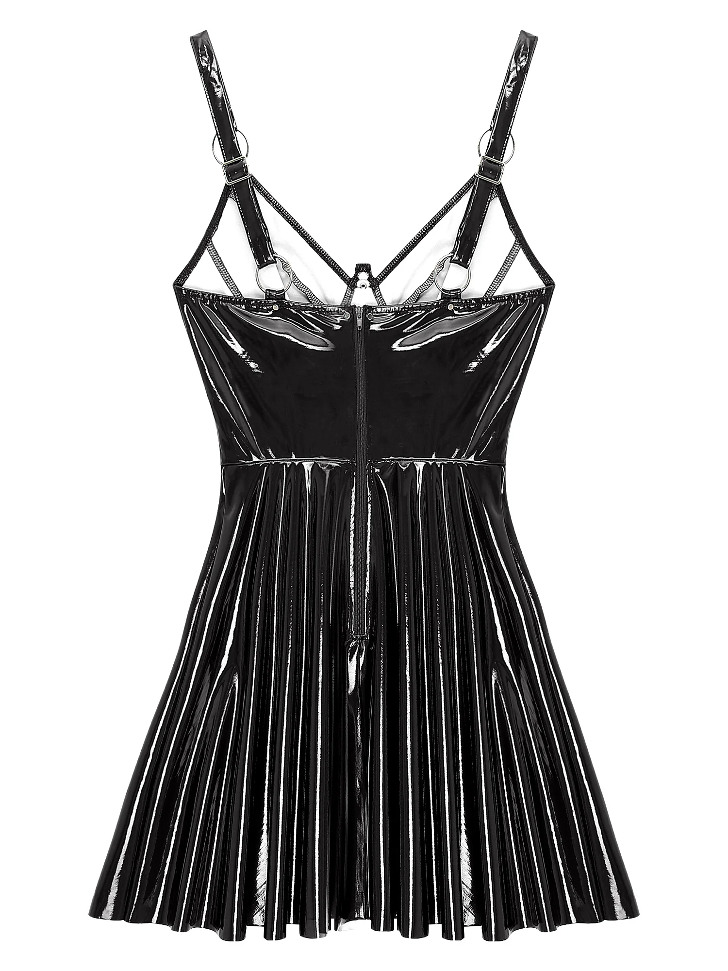 Womens Patent Leather Slip Latex Dress A-line Back Zipper Skater Mini Dress with O-Ring Rivets Wet Look Gothic Punk Clubwear