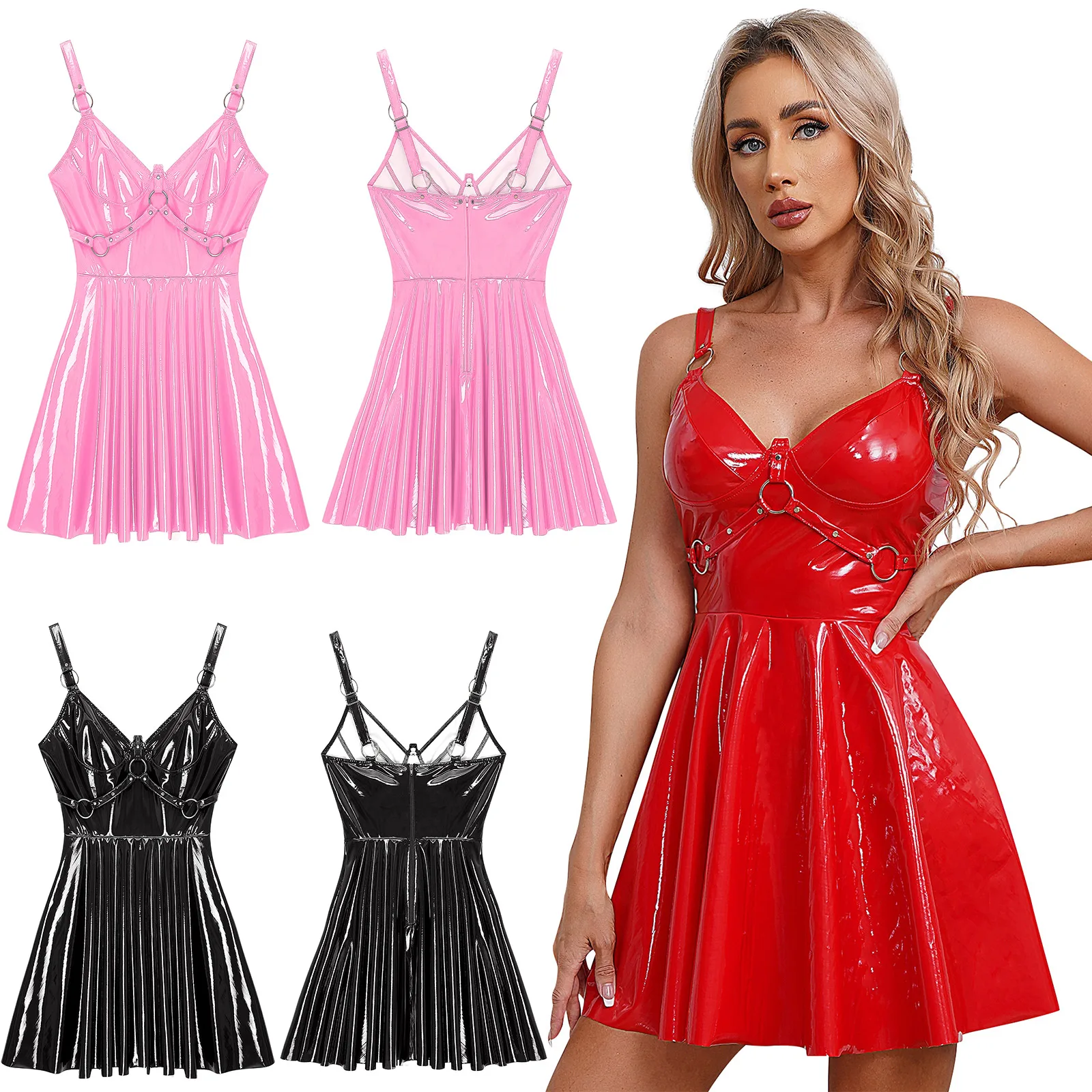 Womens Patent Leather Slip Latex Dress A-line Back Zipper Skater Mini Dress with O-Ring Rivets Wet Look Gothic Punk Clubwear