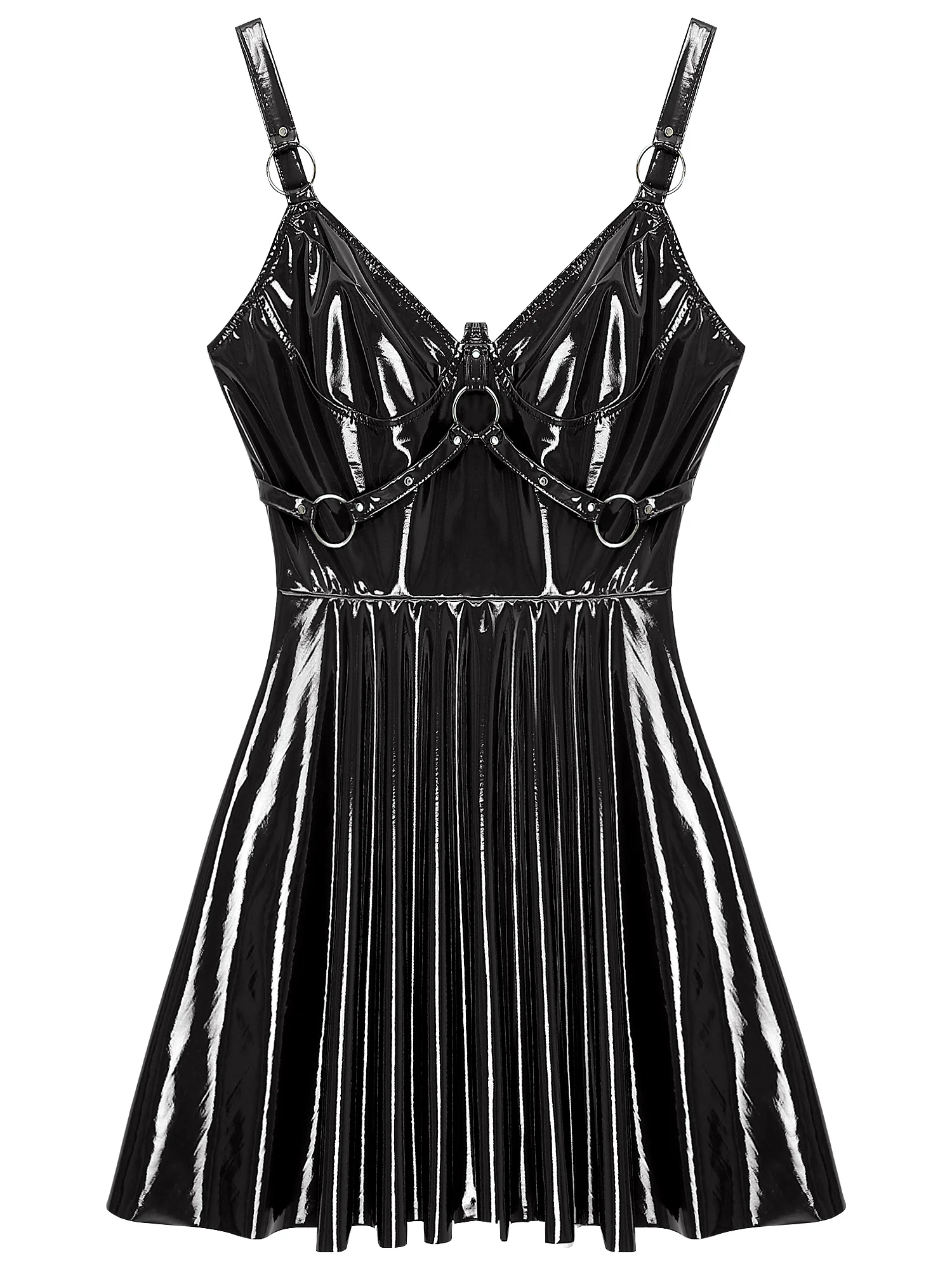 Womens Patent Leather Slip Latex Dress A-line Back Zipper Skater Mini Dress with O-Ring Rivets Wet Look Gothic Punk Clubwear