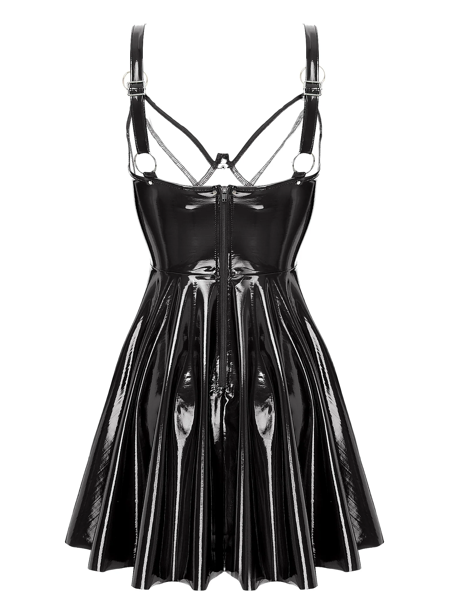 Womens Patent Leather Slip Latex Dress A-line Back Zipper Skater Mini Dress with O-Ring Rivets Wet Look Gothic Punk Clubwear