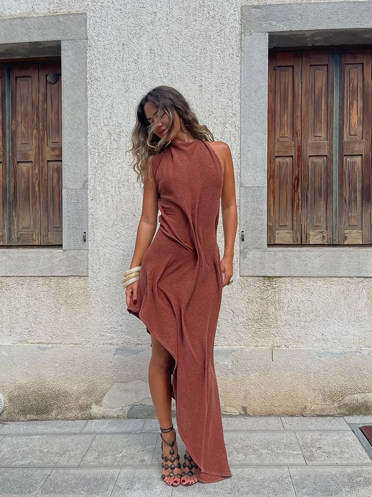 Women Fashion Pleated Irregular Slim Long Skirt Sexy Solid Backless Off-shoulder Dress New Dating Party Festival Club Prom Gown