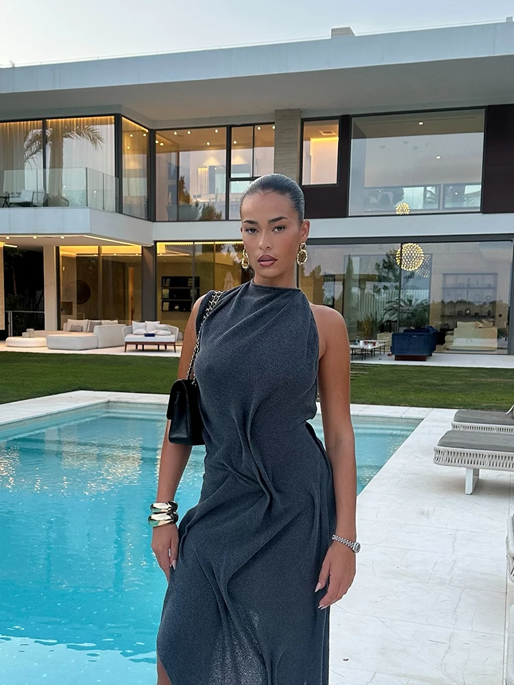 Women Fashion Pleated Irregular Slim Long Skirt Sexy Solid Backless Off-shoulder Dress New Dating Party Festival Club Prom Gown
