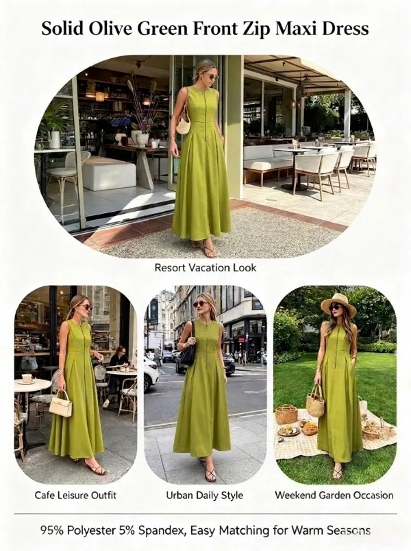 UOOZEE Office Lady Commute Pleated A-line Dress 2026 New Summer Fashion Solid Color Sleeveless Zipper Evening Maxi Dresses