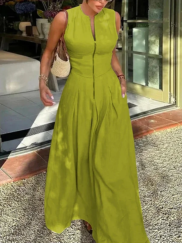 UOOZEE Office Lady Commute Pleated A-line Dress 2026 New Summer Fashion Solid Color Sleeveless Zipper Evening Maxi Dresses