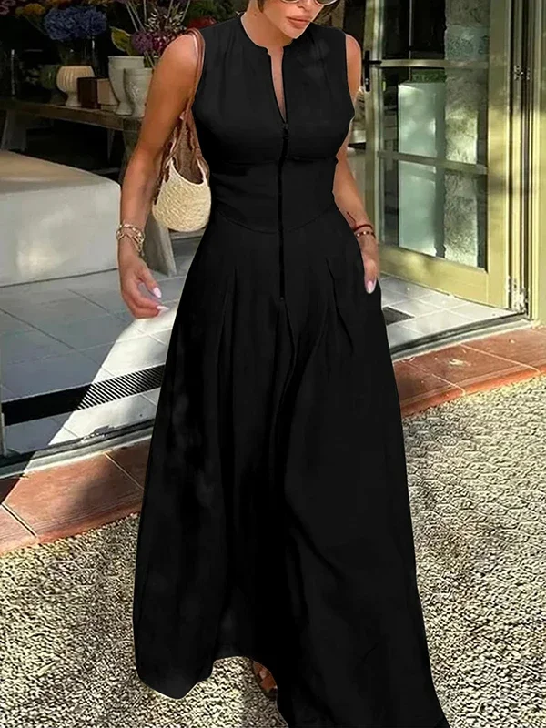 UOOZEE Office Lady Commute Pleated A-line Dress 2026 New Summer Fashion Solid Color Sleeveless Zipper Evening Maxi Dresses