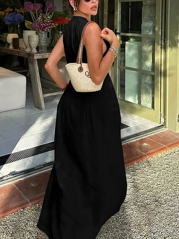 UOOZEE Office Lady Commute Pleated A-line Dress 2026 New Summer Fashion Solid Color Sleeveless Zipper Evening Maxi Dresses