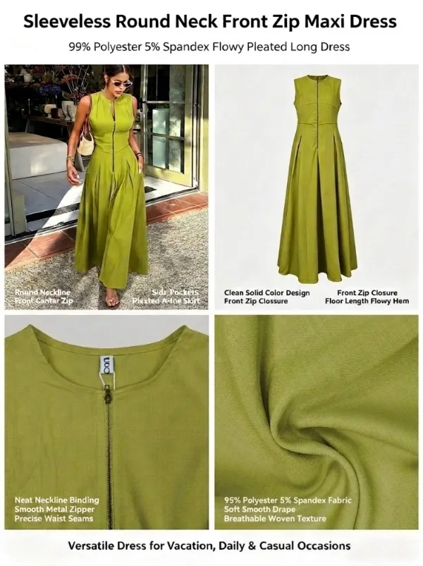 UOOZEE Office Lady Commute Pleated A-line Dress 2026 New Summer Fashion Solid Color Sleeveless Zipper Evening Maxi Dresses