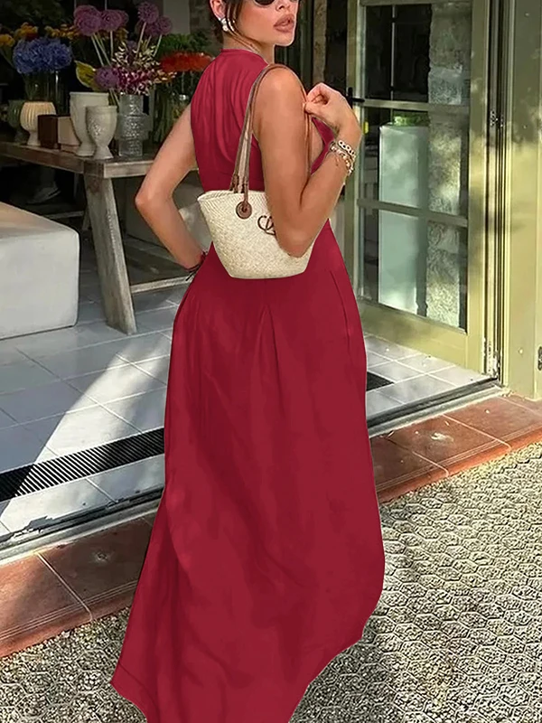 UOOZEE Office Lady Commute Pleated A-line Dress 2026 New Summer Fashion Solid Color Sleeveless Zipper Evening Maxi Dresses