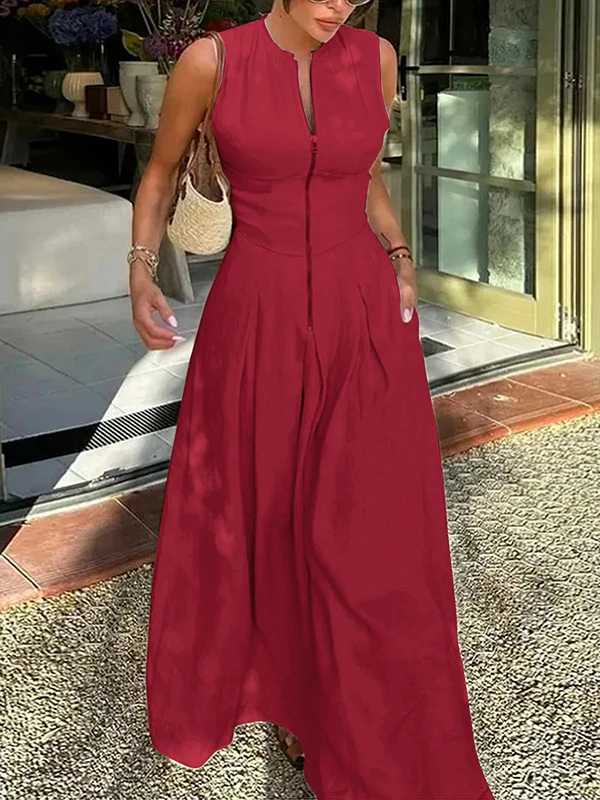 UOOZEE Office Lady Commute Pleated A-line Dress 2026 New Summer Fashion Solid Color Sleeveless Zipper Evening Maxi Dresses