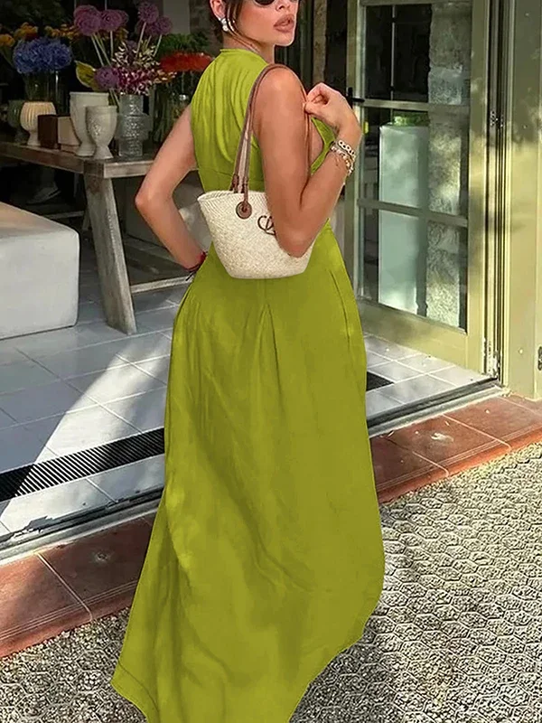 UOOZEE Office Lady Commute Pleated A-line Dress 2026 New Summer Fashion Solid Color Sleeveless Zipper Evening Maxi Dresses