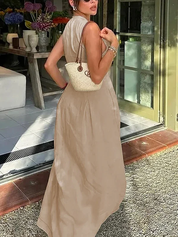 UOOZEE Office Lady Commute Pleated A-line Dress 2026 New Summer Fashion Solid Color Sleeveless Zipper Evening Maxi Dresses