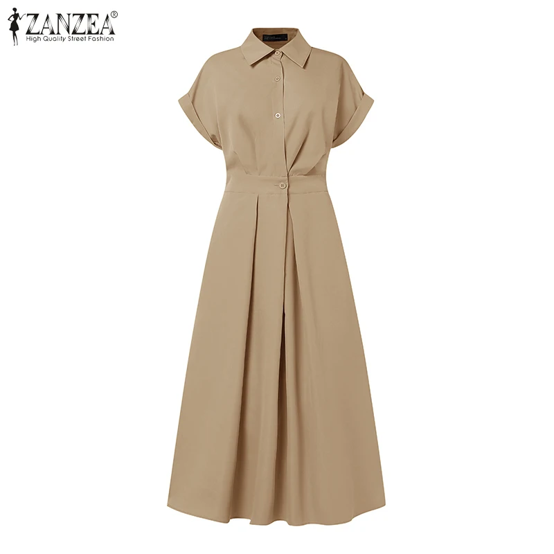 Women Summer OL Work Dress ZANZEA Elegant Short Sleeve Office Sundress Casual Solid A Line Buttons Holiday Vestidos Kaftan Robe
